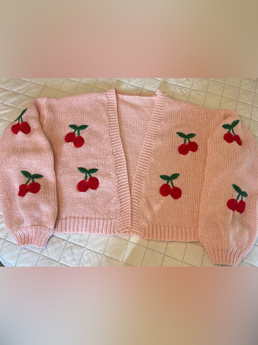 Cherry Embroidered Open Front Soft Knit Pink Cardigan   Size M
